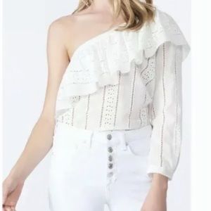 Veronica Beard white ruffle eyelet one shoulder blouse